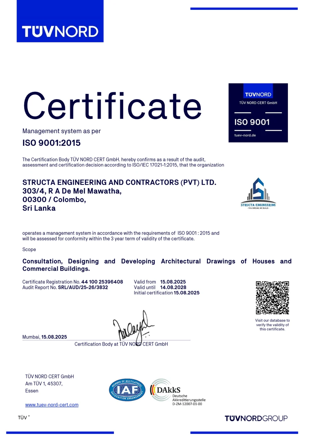 TUV NORD ISO 9001:2015 certificate issued to Structa Engineering and Contractors