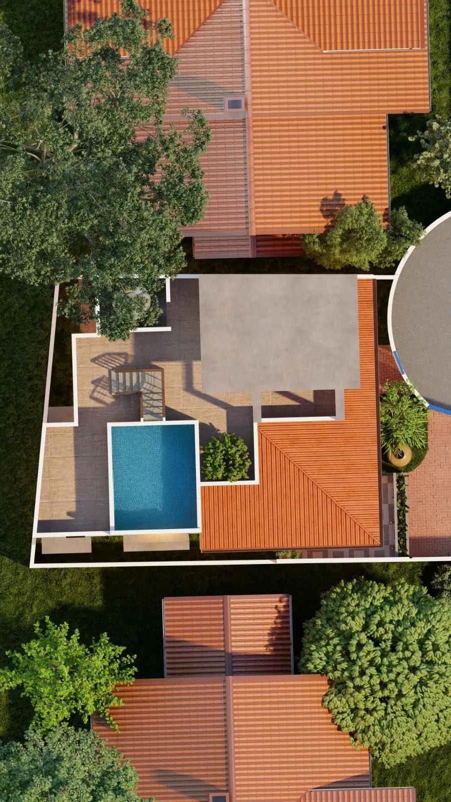 Aerial view of a 6 perch house design in Diyagama Homagama showing rooftop pool and terrace on a small plot