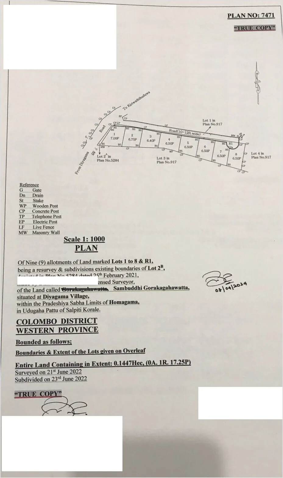 Sri Lankan survey plan of a subdivision at Diyagama Homagama showing nine lots of six to seven perches