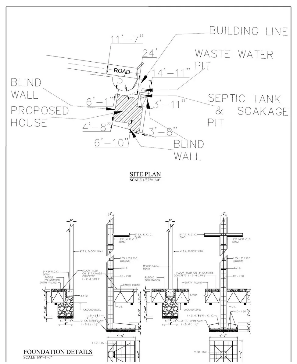 Site plan and foundation details for a 6 perch house in Homagama showing septic tank and soakage pit positions