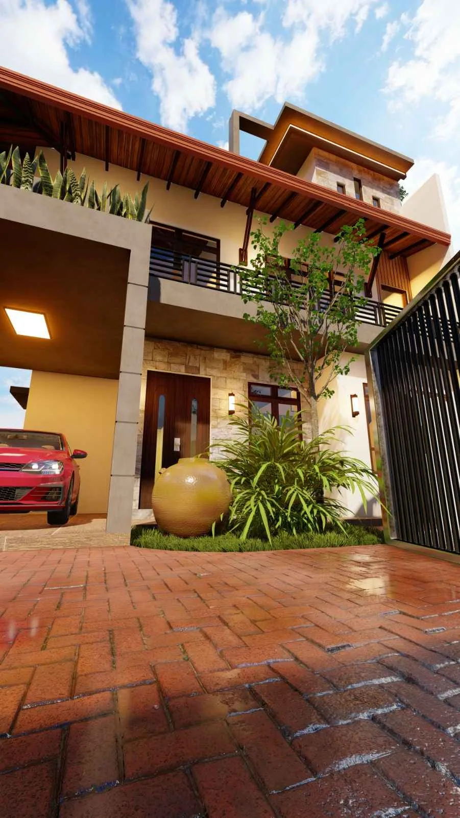 Entrance and covered car park of a 6 perch house design in Homagama with paved forecourt and stone cladding