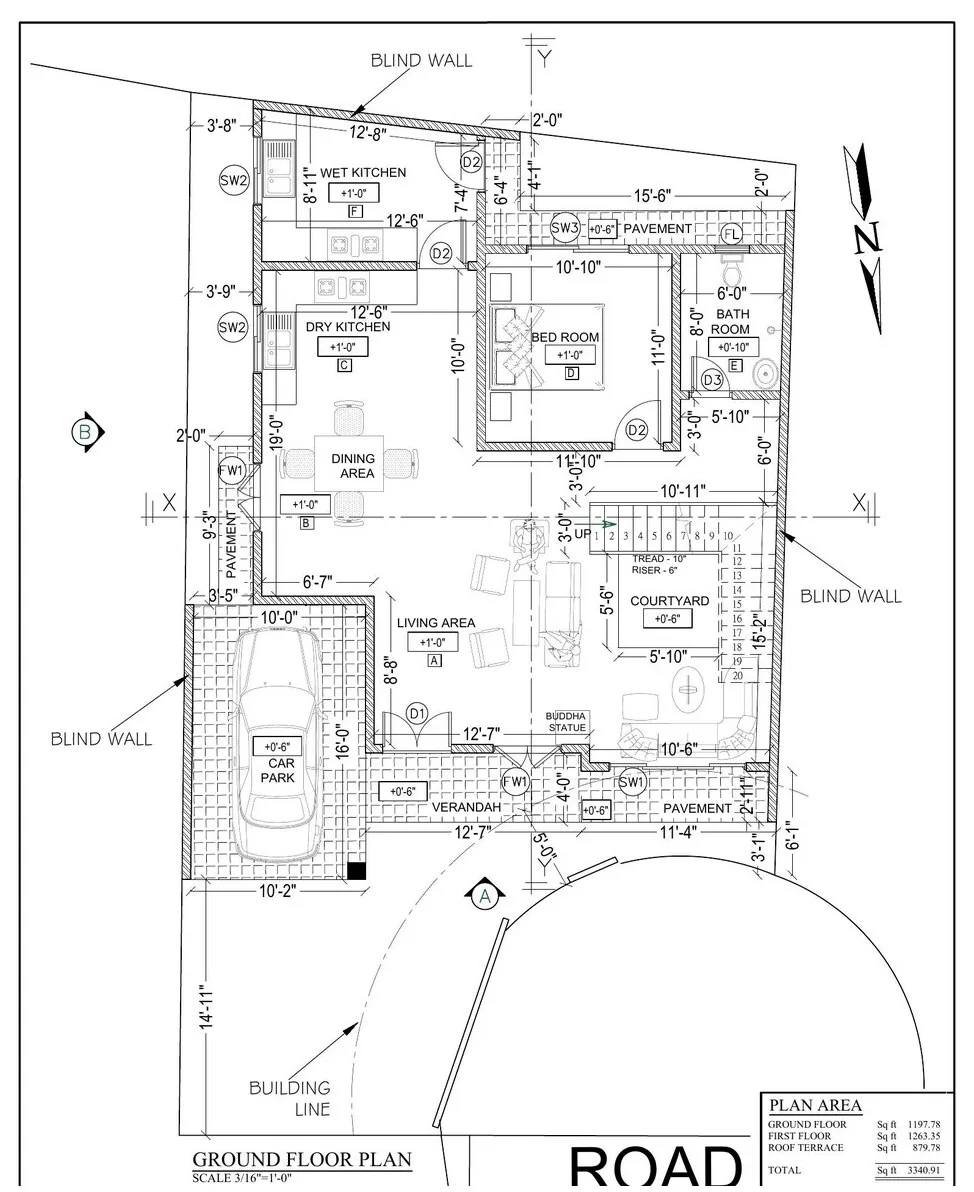Ground floor plan of a 6 perch house design in Homagama with courtyard, twin kitchens and car park