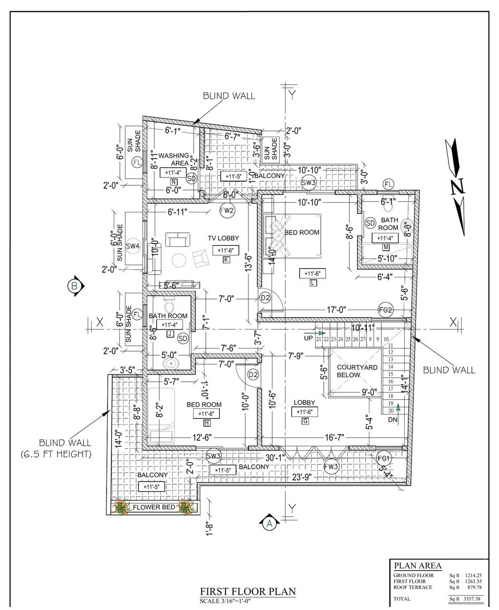 First floor plan of a three storey 6 perch house in Diyagama with two en suite bedrooms and balconies