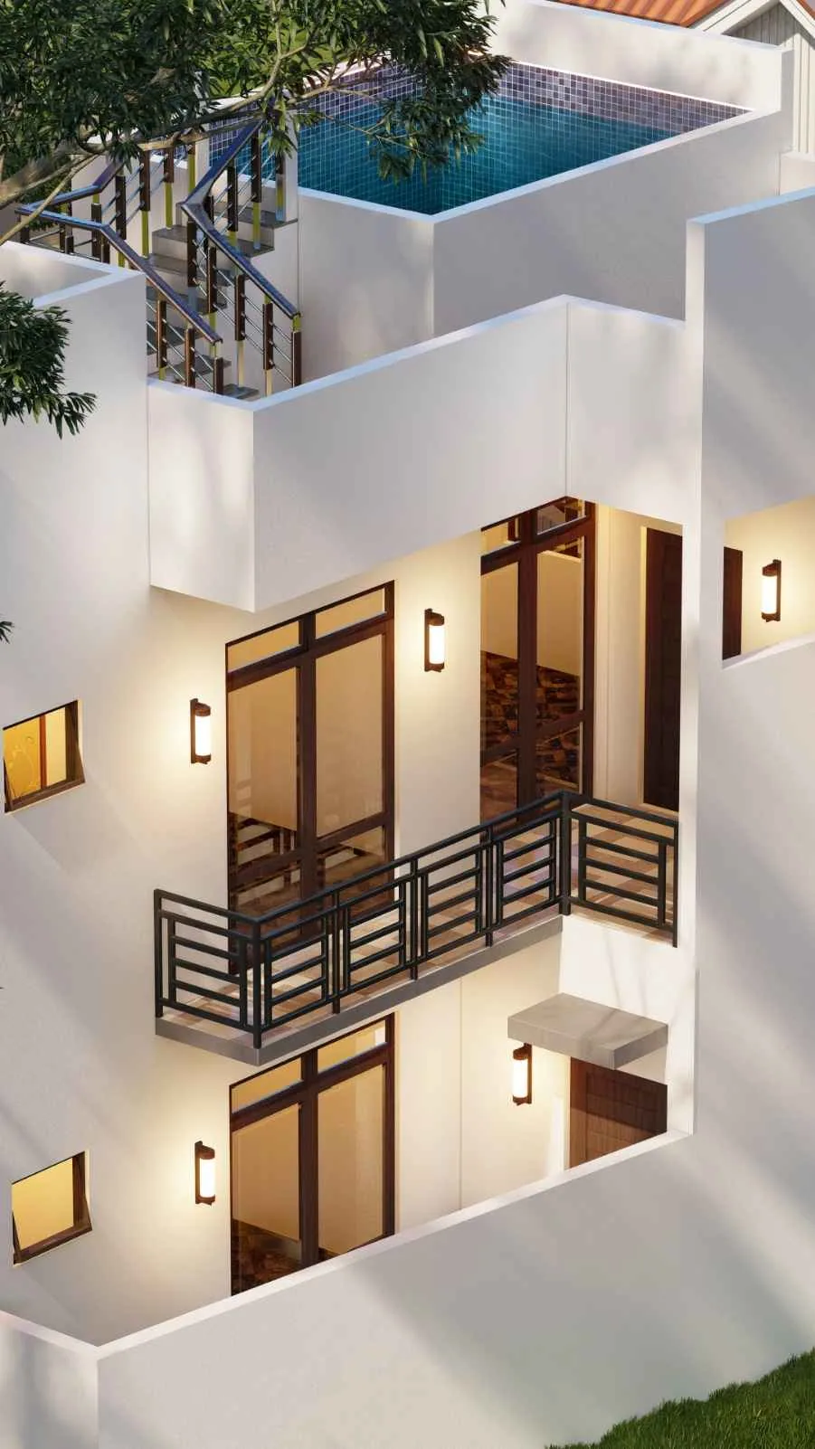 Side elevation of a 6 perch house in Homagama showing blind boundary walls and rear balconies