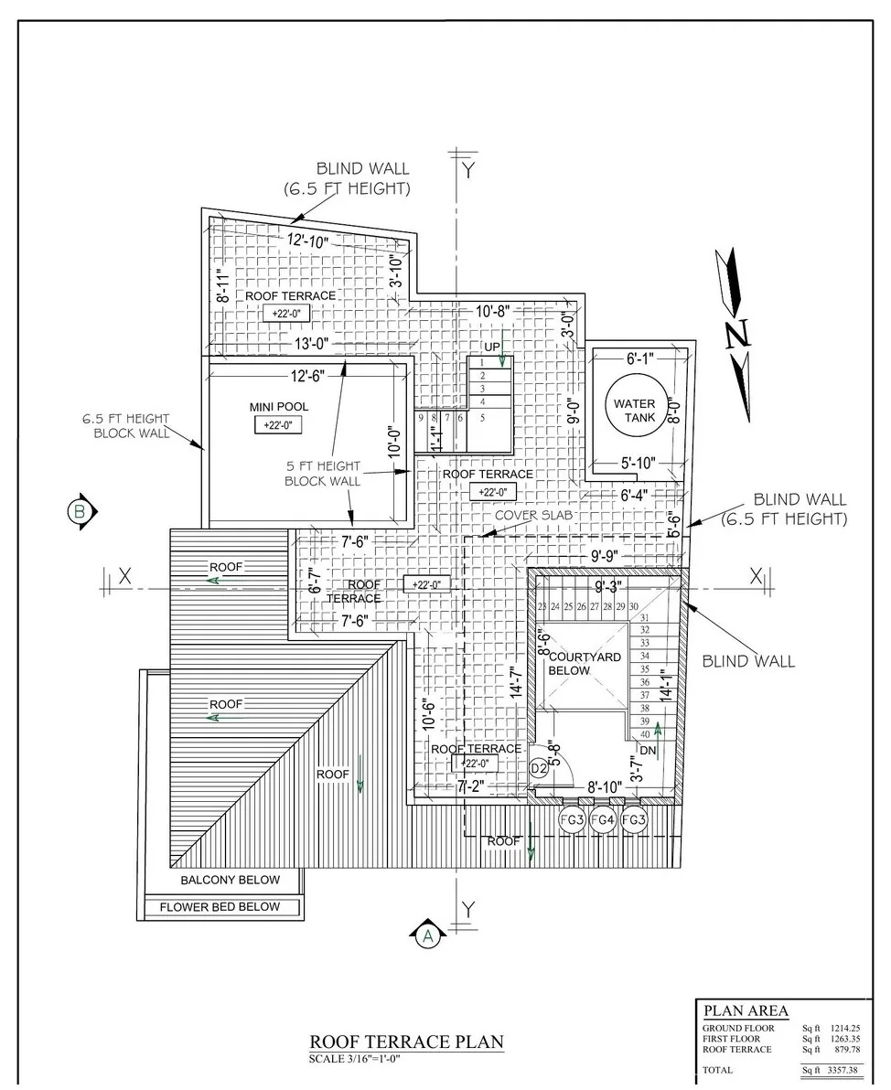 Roof terrace plan of a 6 perch house design in Homagama with mini pool and privacy screen walls