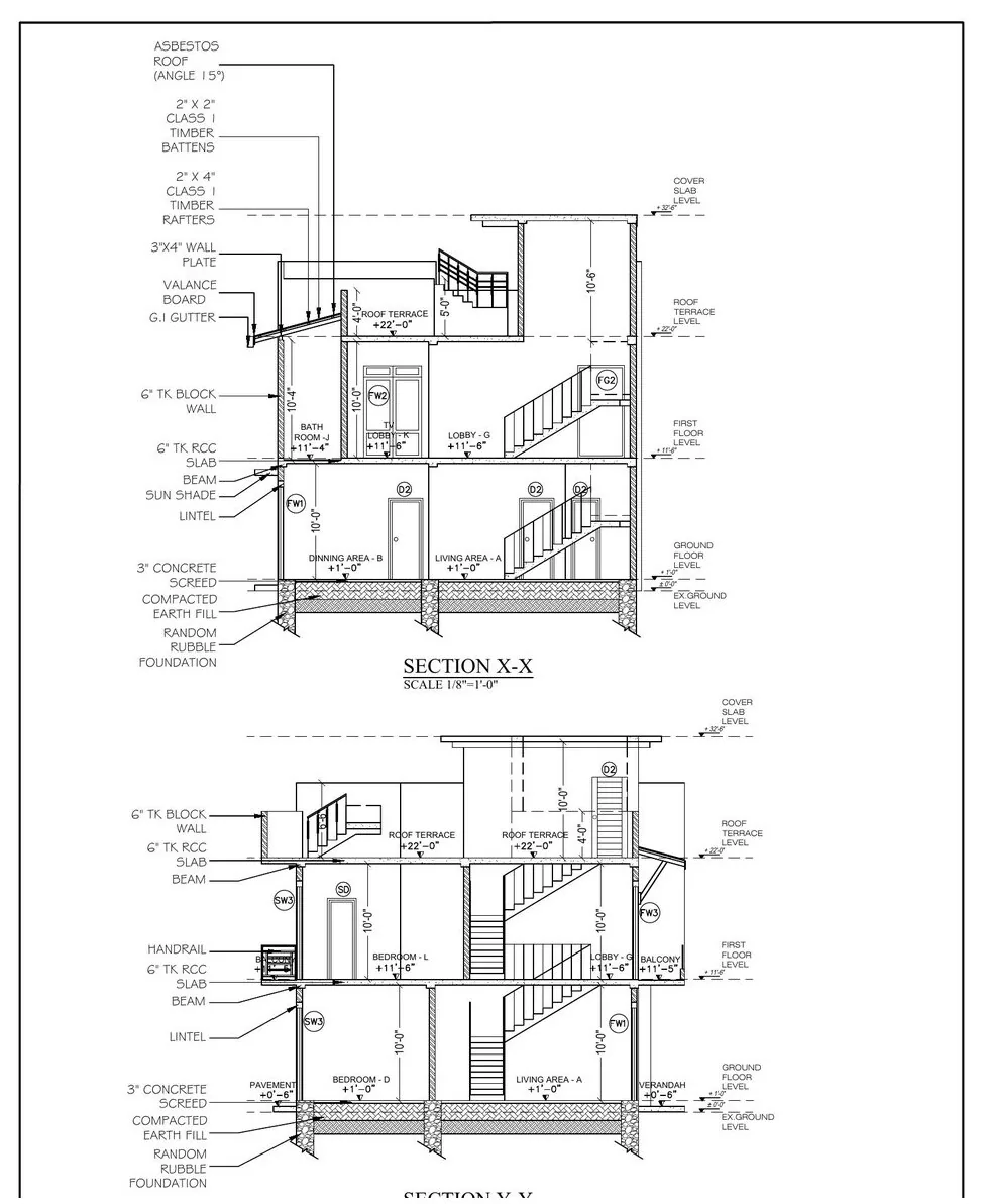 Cross sections of a three storey 6 perch house in Homagama showing floor heights and foundation detail