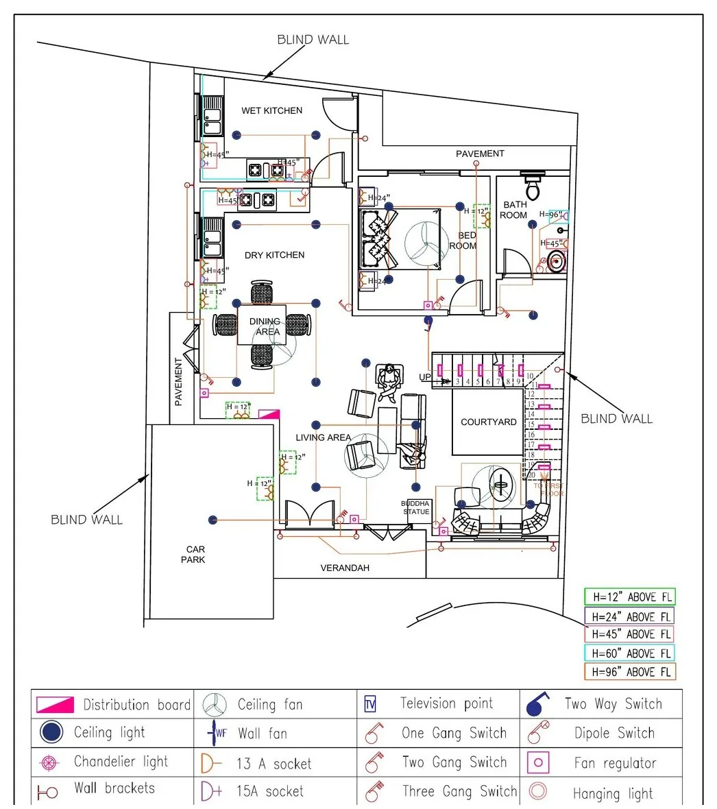 Electrical layout drawing for a house in Homagama Sri Lanka showing points with mounting heights