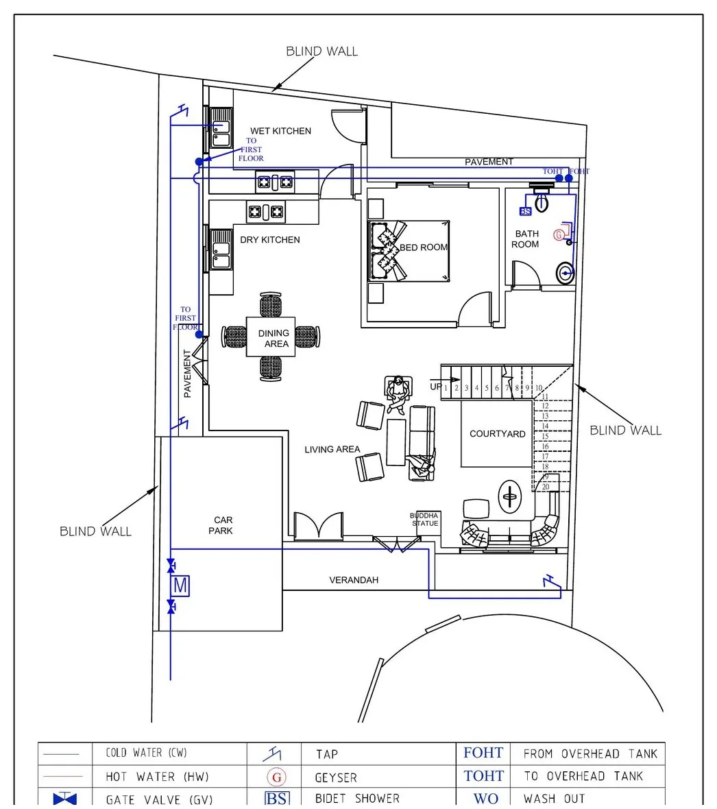 Water supply plumbing layout for a Sri Lankan house showing cold and hot water and overhead tank risers