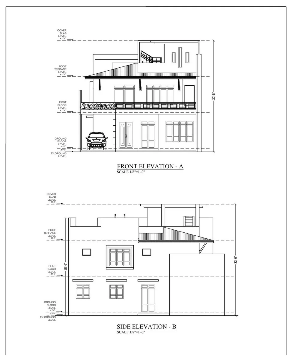 Front and side elevation drawings of a 6 perch three storey house in Homagama