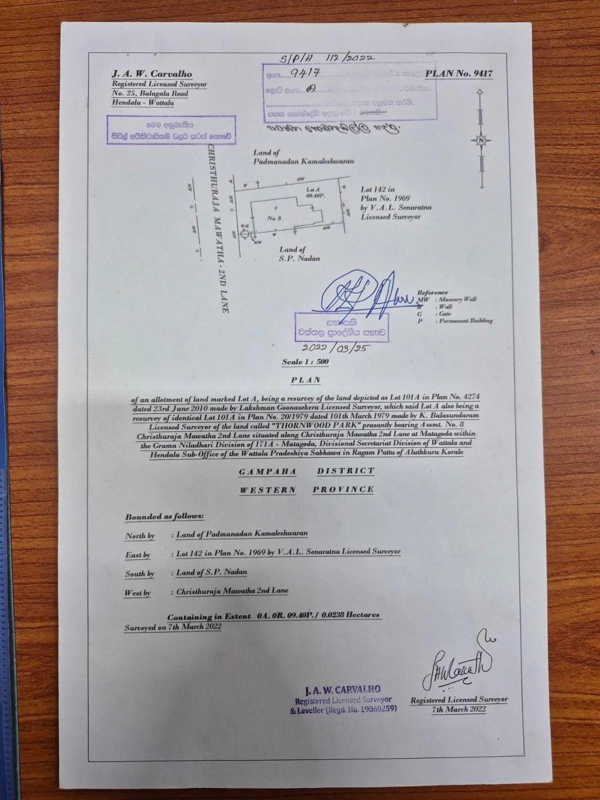 Approved Sri Lankan survey plan showing lot extent in perches, boundaries and Pradeshiya Sabha approval stamp