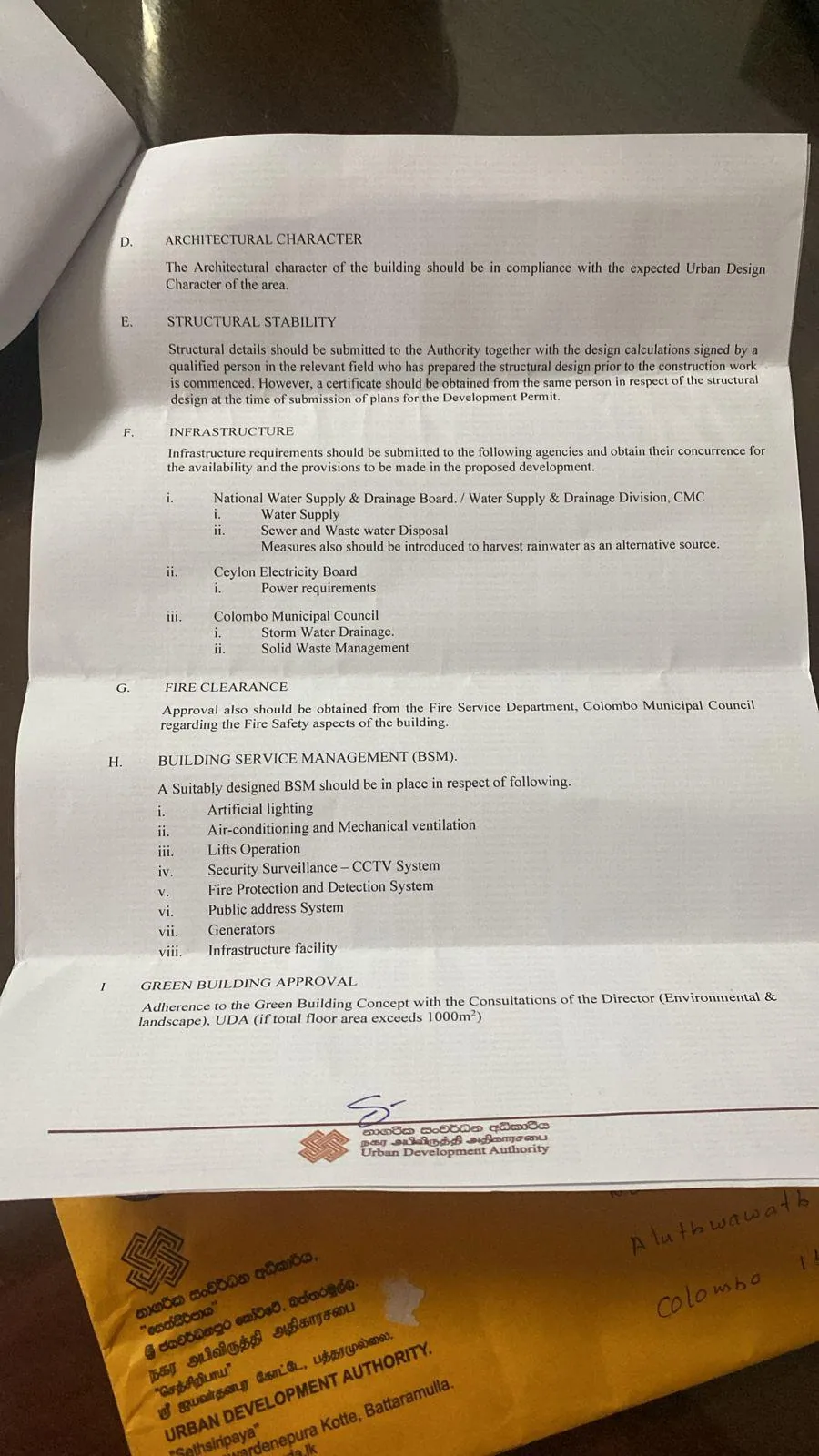 UDA planning clearance page two listing infrastructure, fire clearance and building services conditions