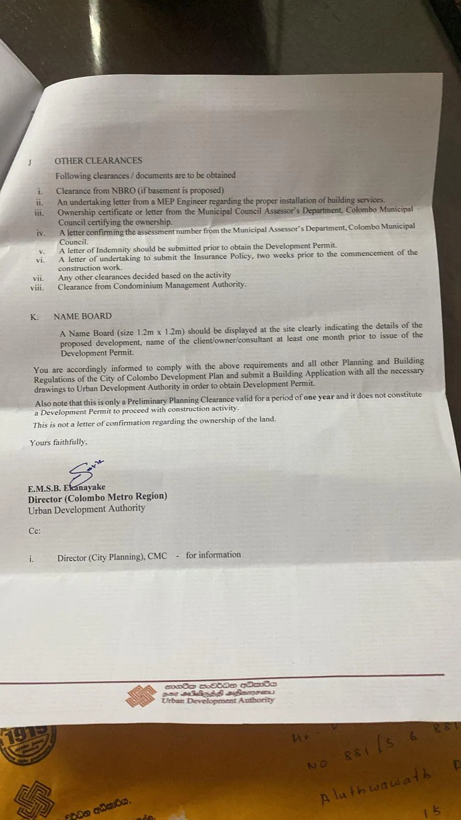 UDA clearance page three listing NBRO clearance, indemnity letter, insurance undertaking and site name board requirement