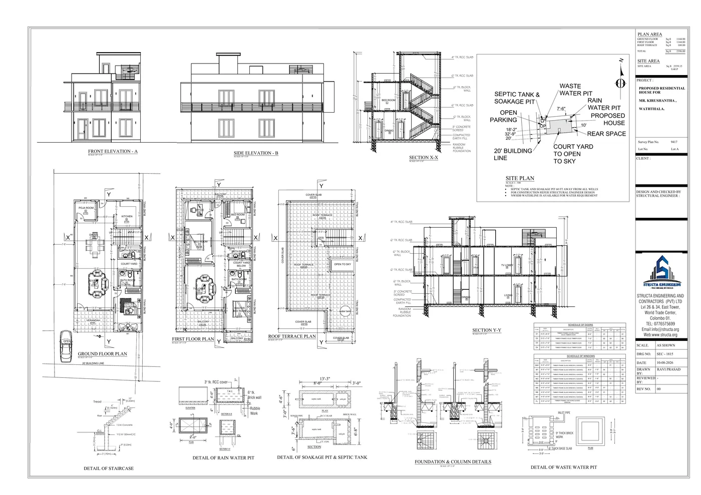 Sri Lankan council building approval drawing set showing floor plans, elevations, sections, site plan and construction details