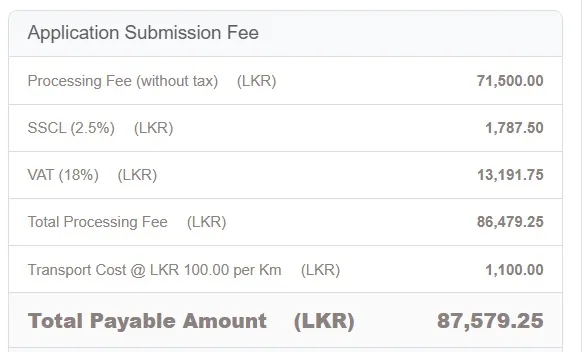 UDA application submission fee calculation showing processing fee, SSCL, VAT and transport cost totalling LKR 87,579.25