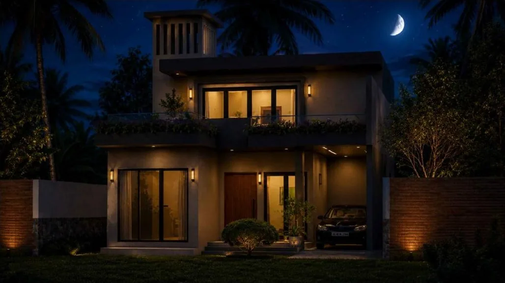 Night view of a renovated modern house design in Gampaha Sri Lanka with lit facade and car porch