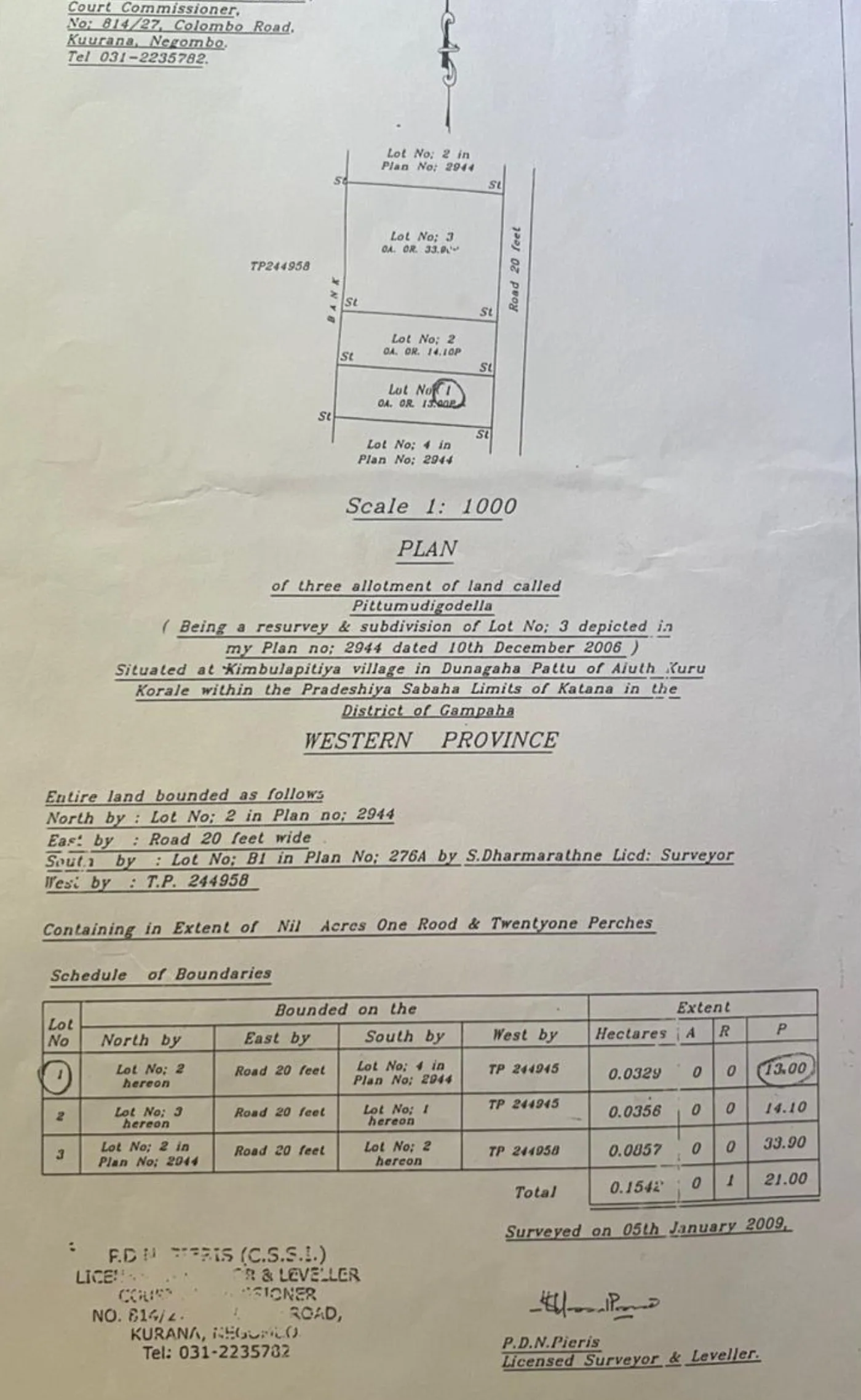 Sri Lankan survey plan of a subdivided land at Kimbulapitiya Gampaha showing three lots and schedule of boundaries