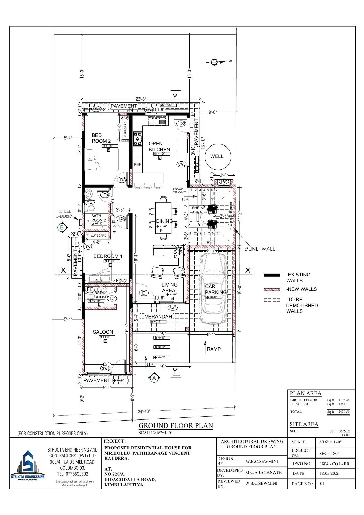 Ground floor renovation plan of a Sri Lankan house showing existing new and demolished walls