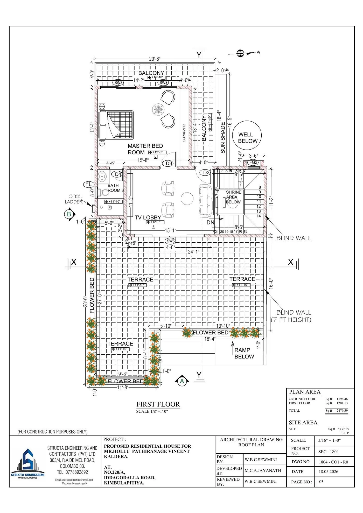 First floor plan of a Sri Lankan house addition showing master bedroom TV lobby balconies and terraces