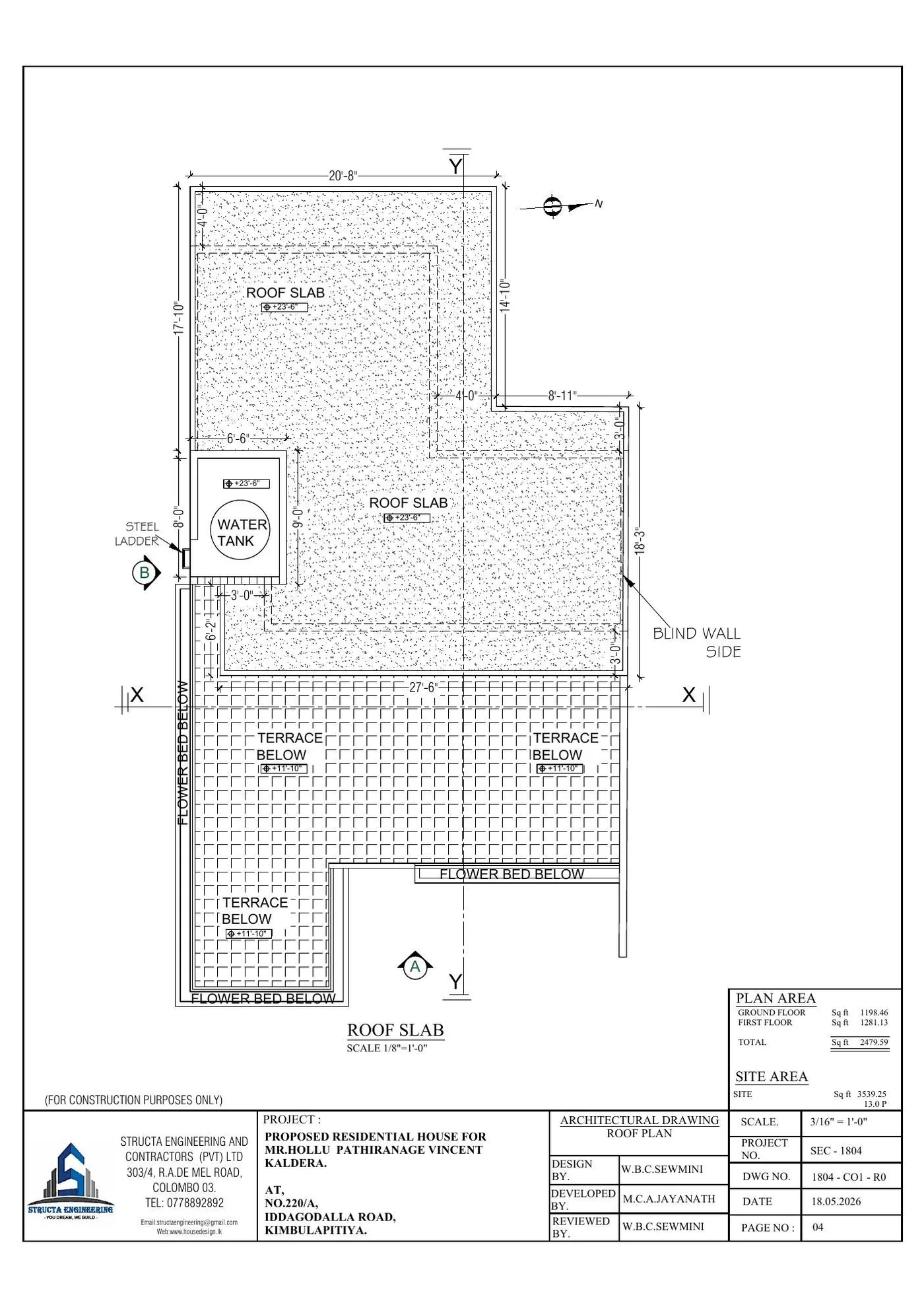 Roof slab plan of a two storey Sri Lankan house showing water tank position and terraces below