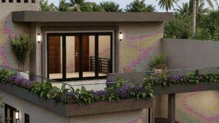 First floor terrace of a modern Sri Lankan house design with planted flower beds and glazed doors