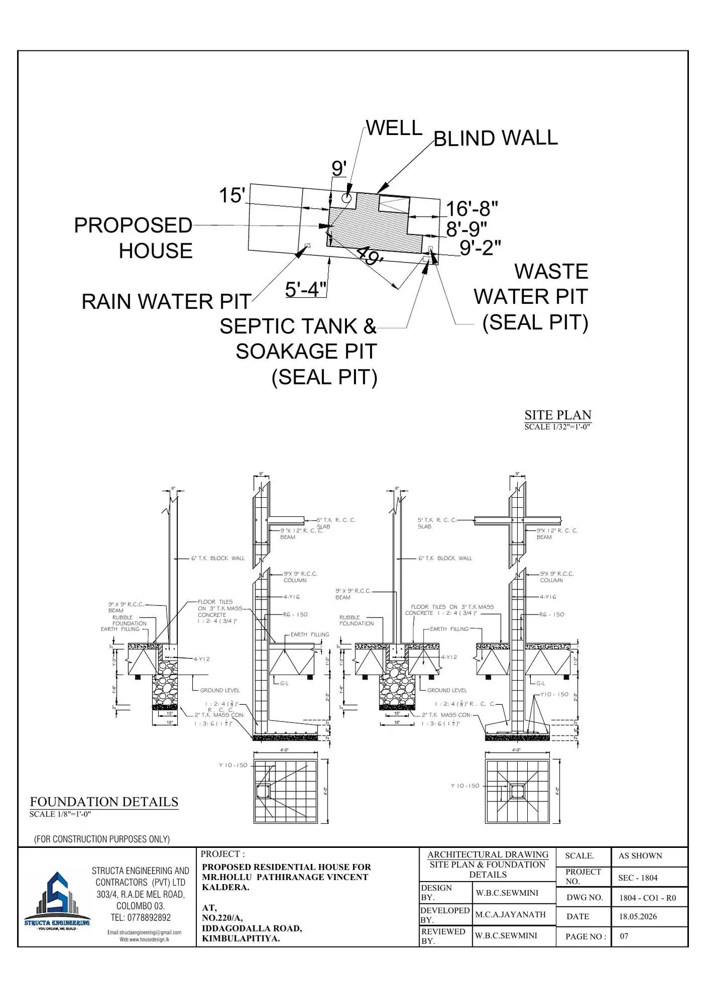 Site plan and foundation details for a Sri Lankan house showing well septic tank soakage pit and column footings