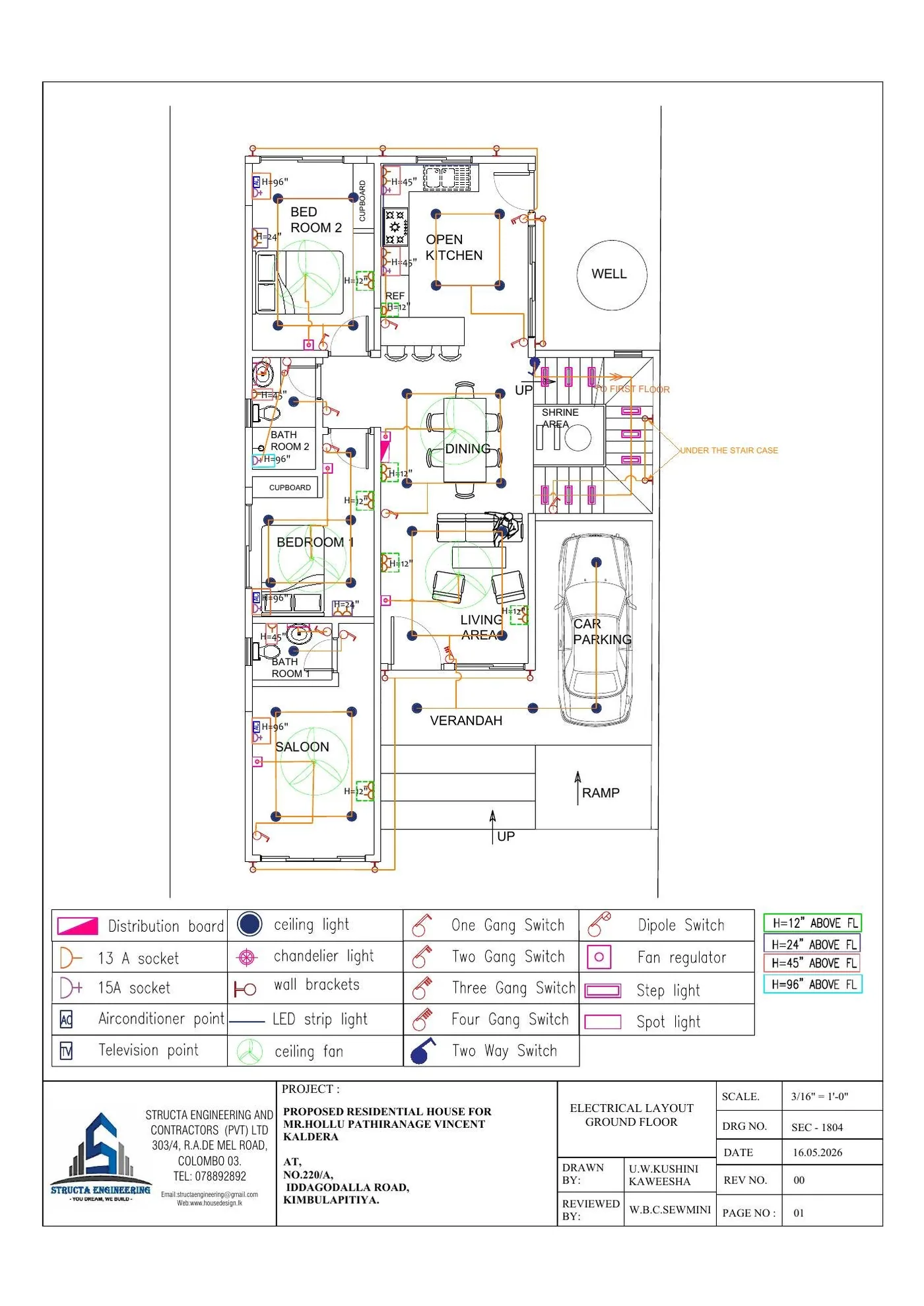 Electrical layout drawing for the ground floor of a Sri Lankan house with legend and mounting heights