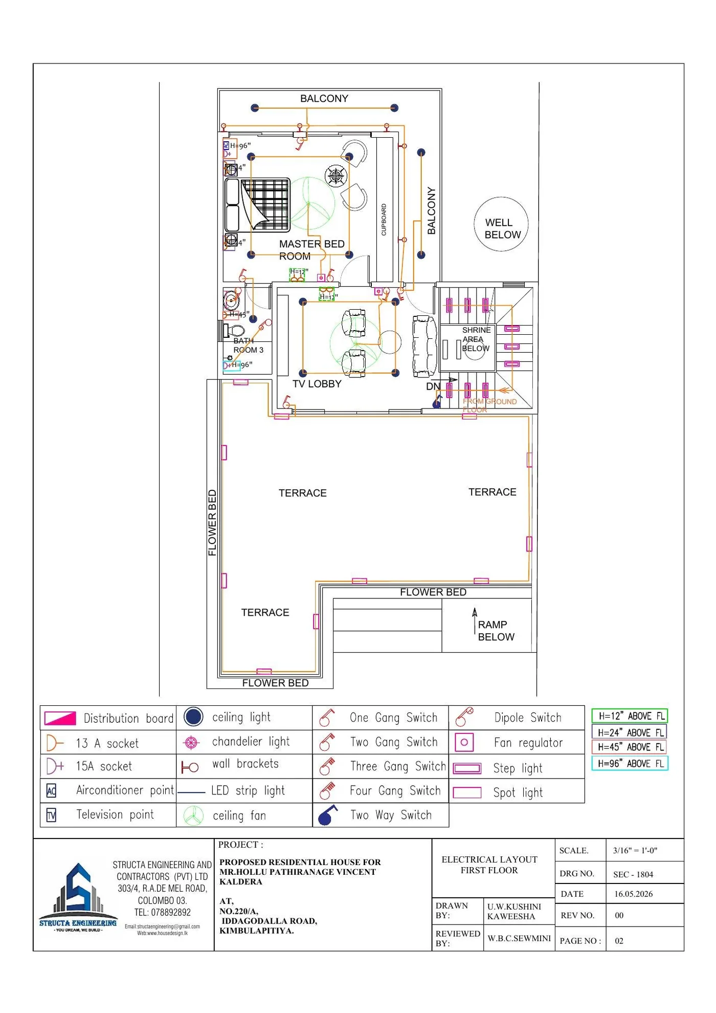 First floor electrical layout drawing of a Sri Lankan house showing lighting and socket positions