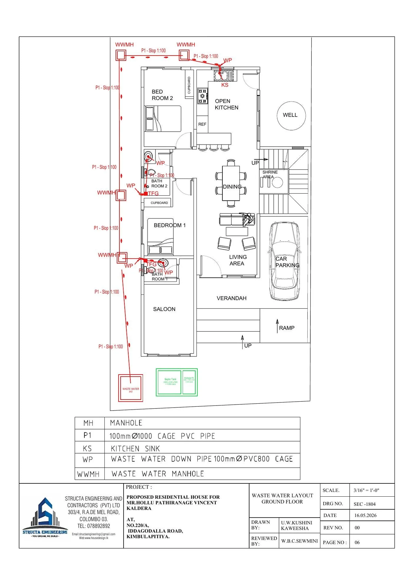 Waste water drainage layout for a Sri Lankan house showing pipe falls manholes and waste water pit