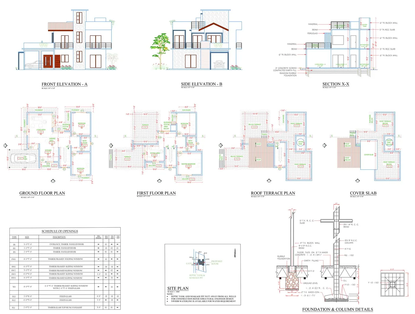Sri Lankan council approval drawing sheet with floor plans, elevations, section, site plan and foundation details