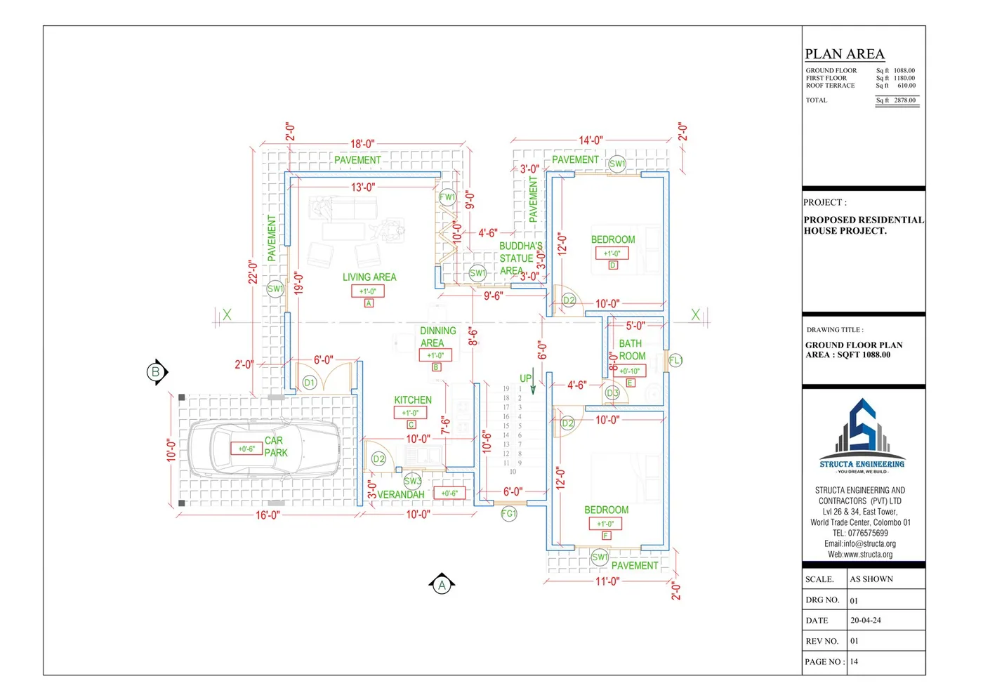 Dimensioned ground floor plan of a Sri Lankan house design showing room layout, levels and plan areas
