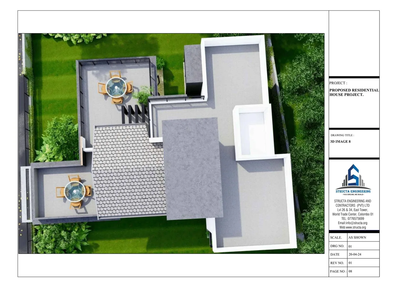 Aerial 3D view of a Sri Lankan house design showing roof layout, terraces and site coverage