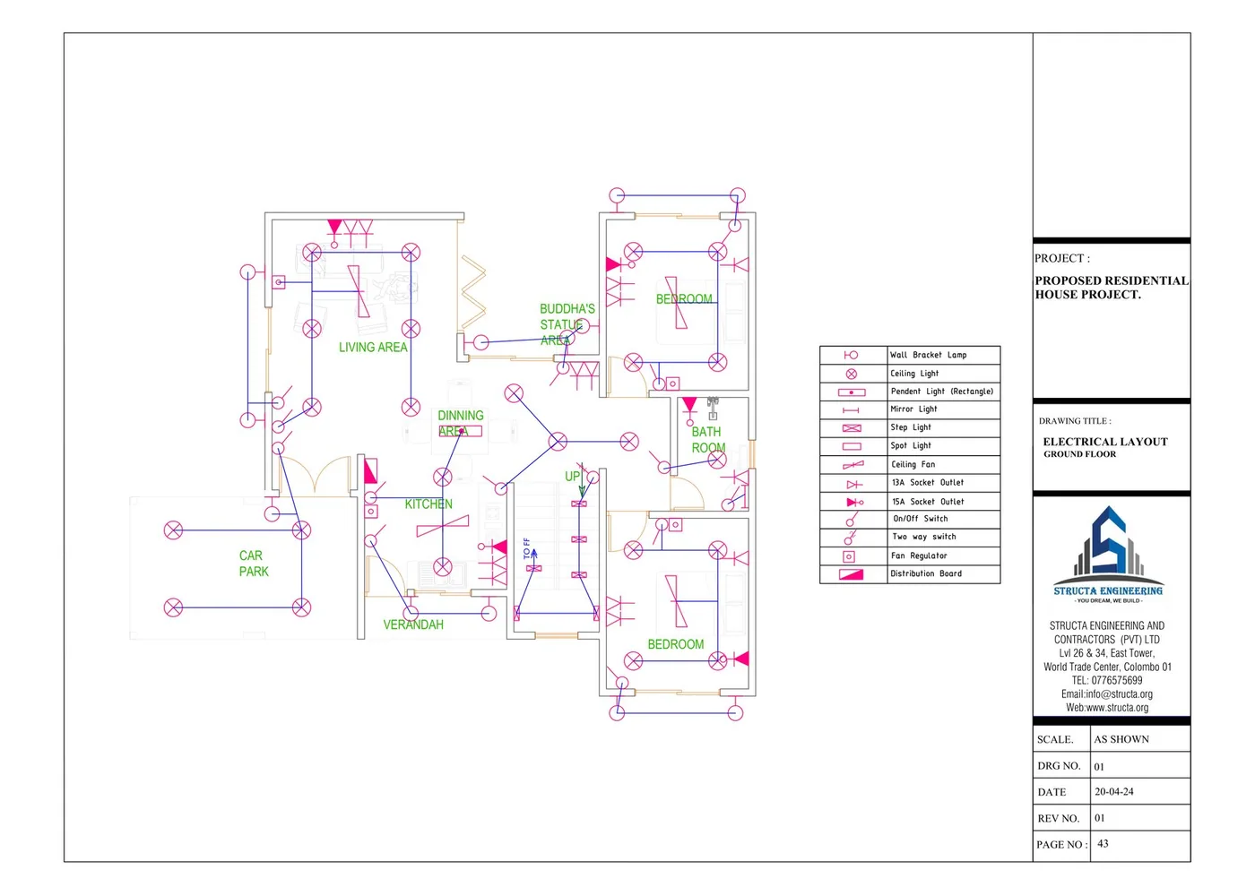 Electrical layout drawing for a Sri Lankan house showing light points, switches, sockets and circuits