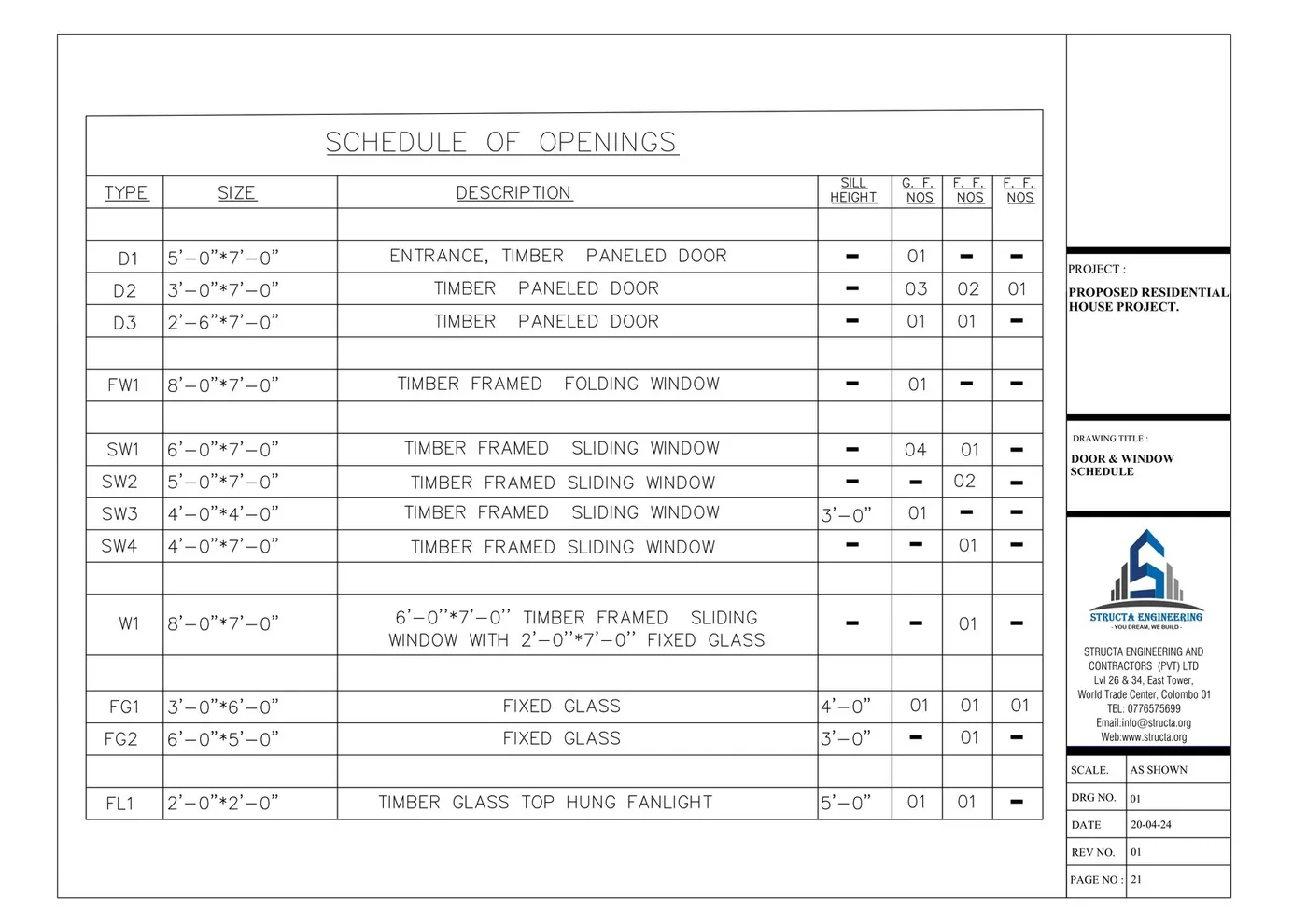 Door and window schedule for a Sri Lankan house design listing every opening type, size and quantity by floor