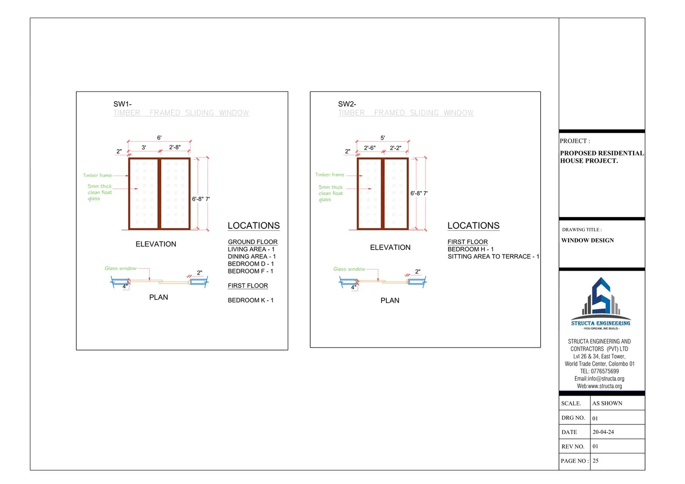 Window fabrication detail drawing showing elevation, plan, dimensions and locations for a Sri Lankan house
