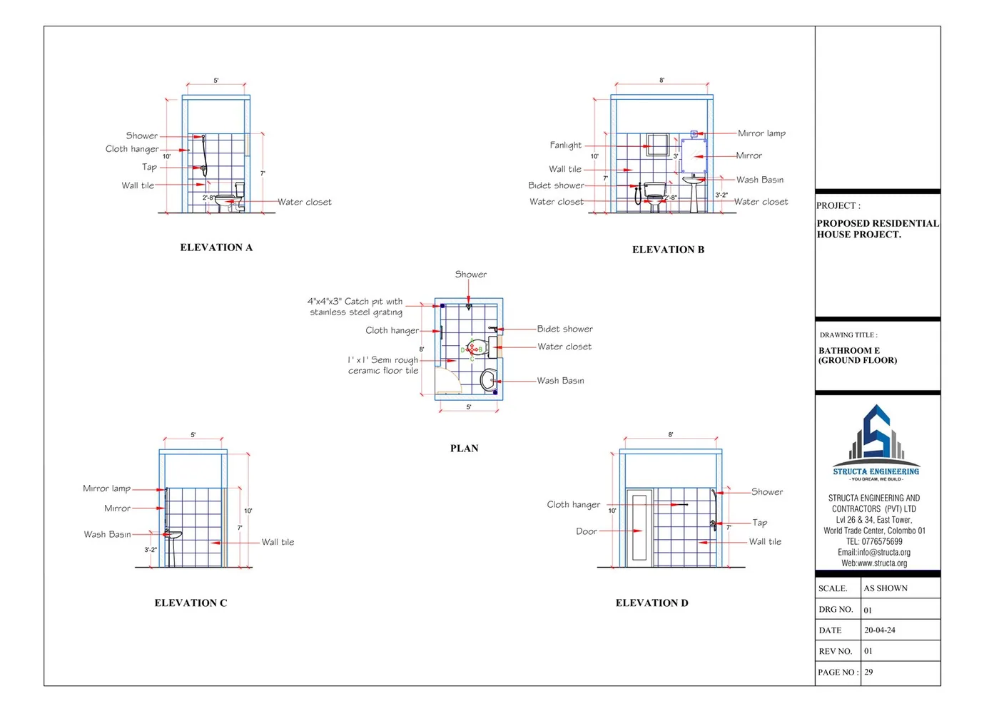 Bathroom detail drawing with four elevations and plan showing fixture positions and tile setting out