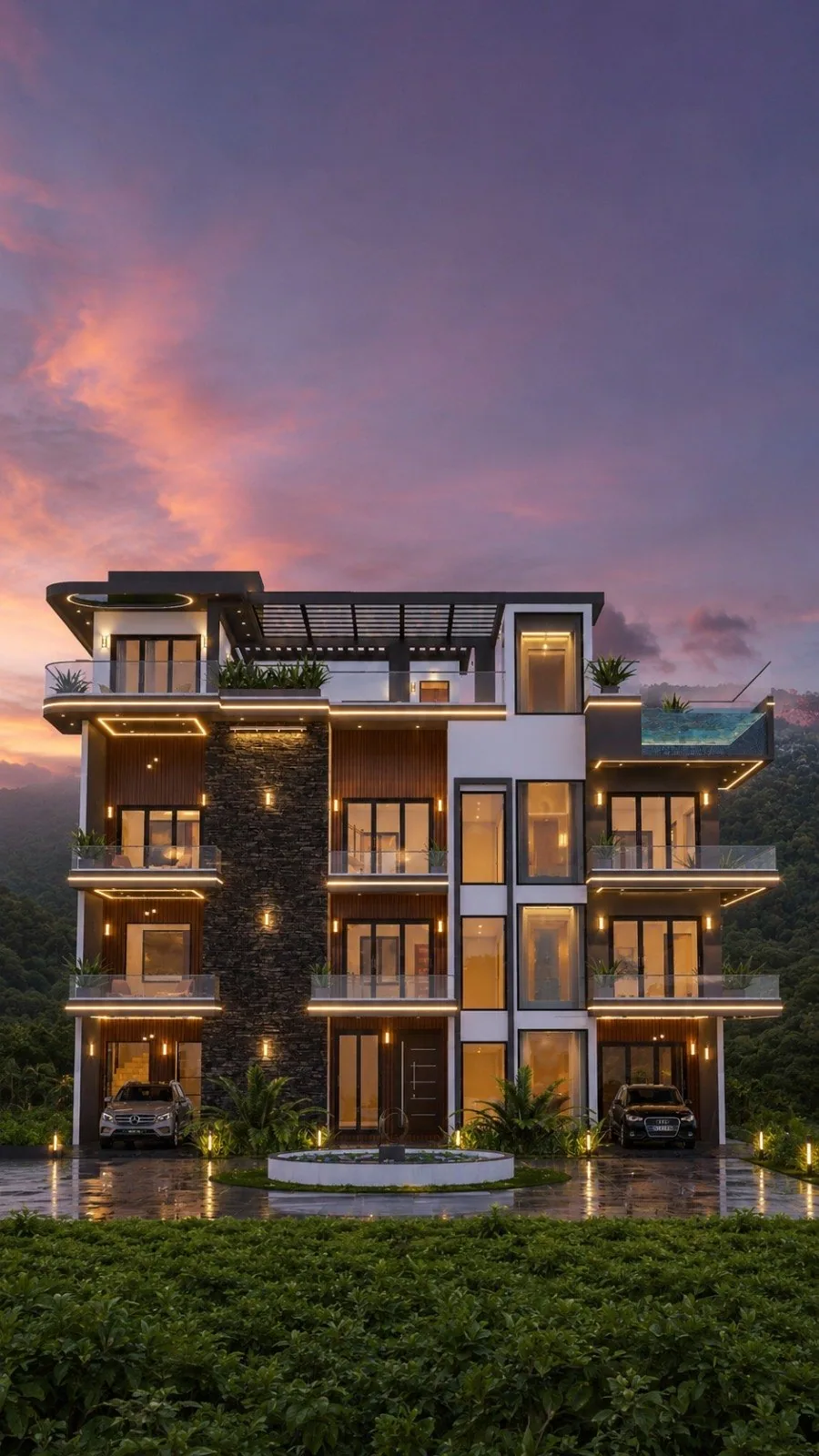 Aerial view of luxury Kandy house design showing rooftop pool, jacuzzi and pergola terrace on a hillside