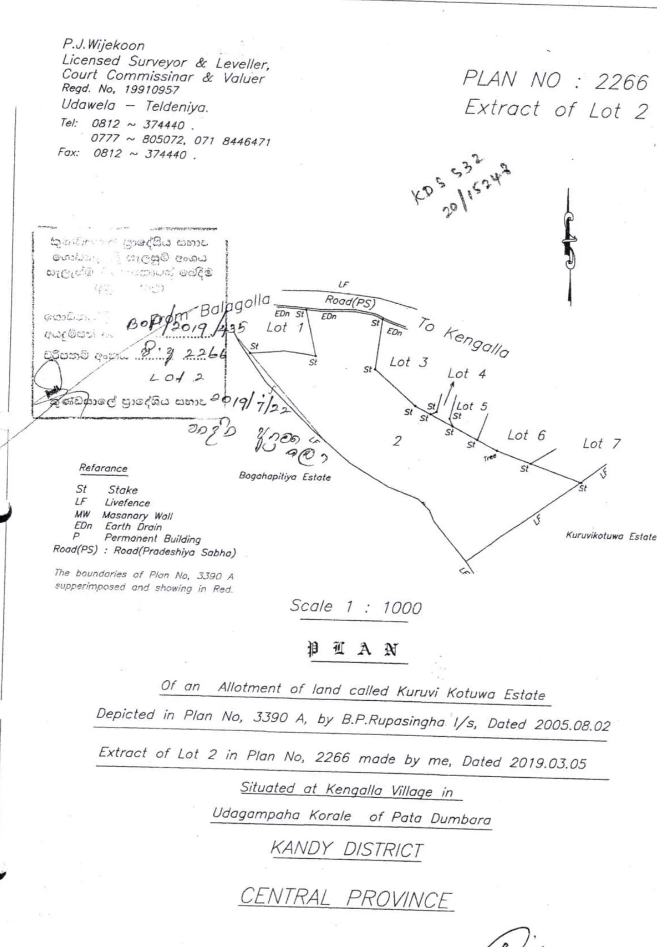 Approved Sri Lankan survey plan of a Kandy District lot showing boundaries, Pradeshiya Sabha road and earth drains