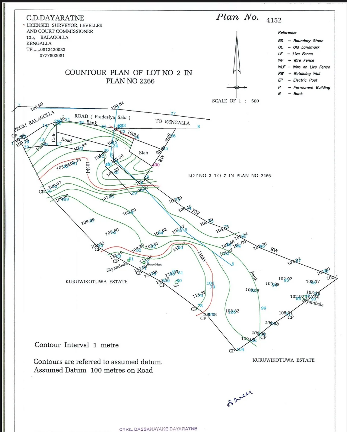 Contour plan of a Kandy hillside building plot at 1:500 with 1 metre contour intervals and spot levels
