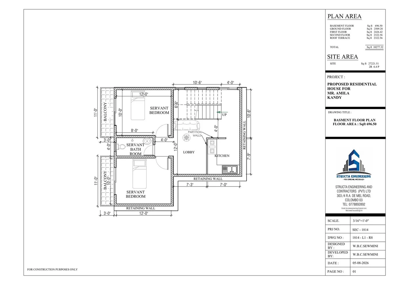 Basement floor plan of a Kandy hillside house showing retaining walls on three sides and balconies on the open side