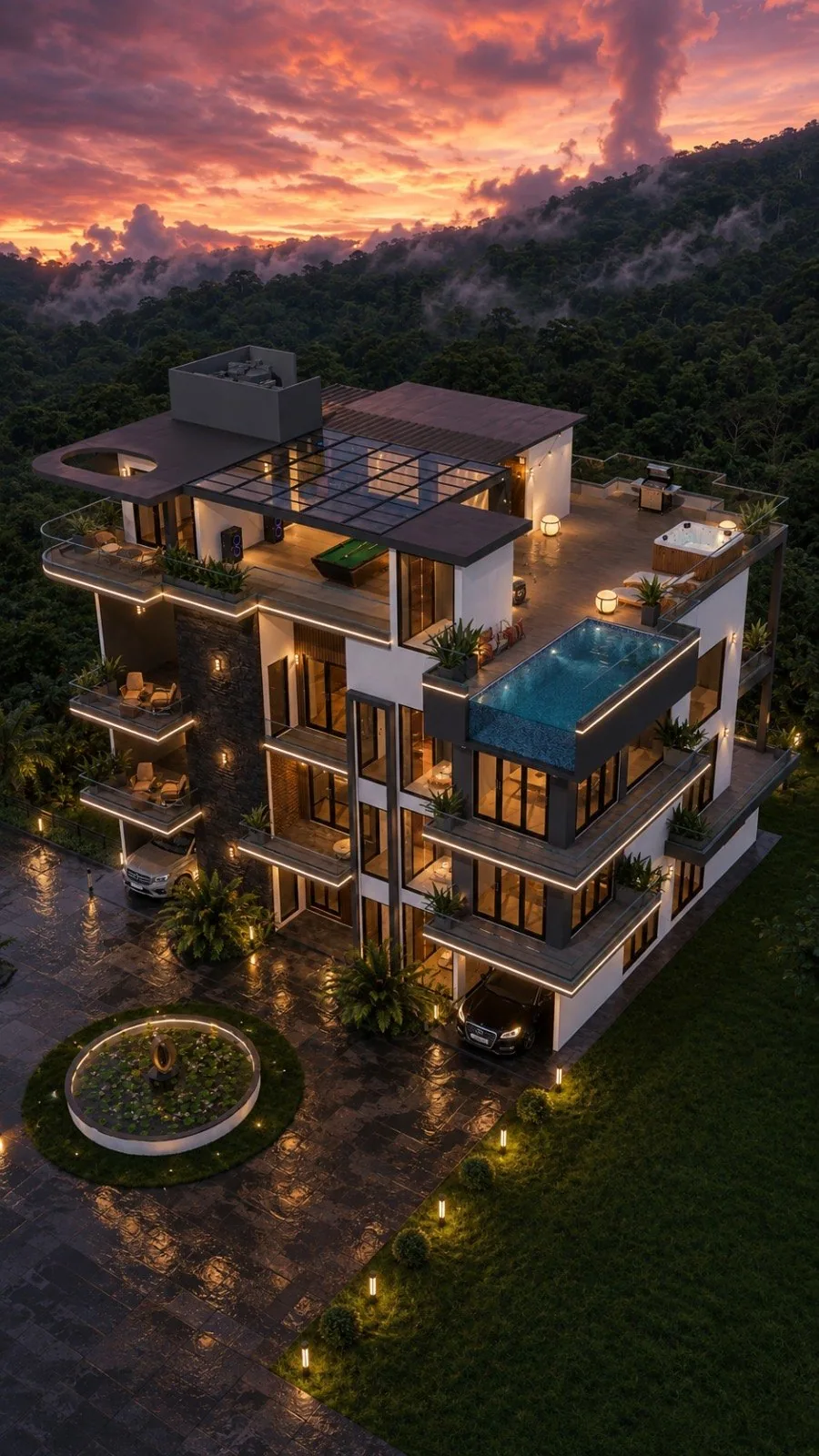 Luxury Kandy house design seen from below showing how the building steps into the hillside