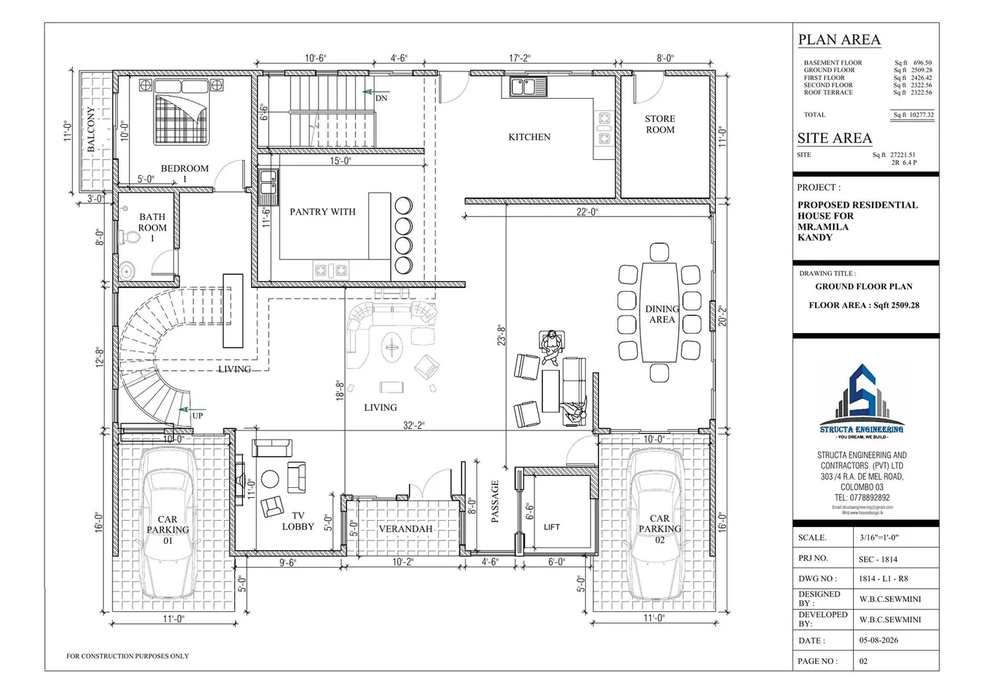 Ground floor plan of a super luxury house design in Kandy with double height living and two car parks