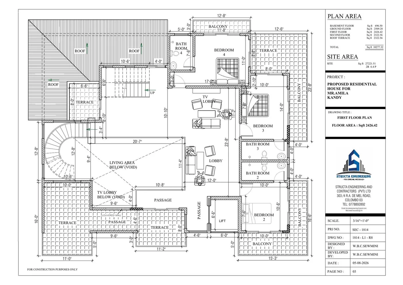 First floor plan of a Kandy luxury house showing three en suite bedrooms and double height voids