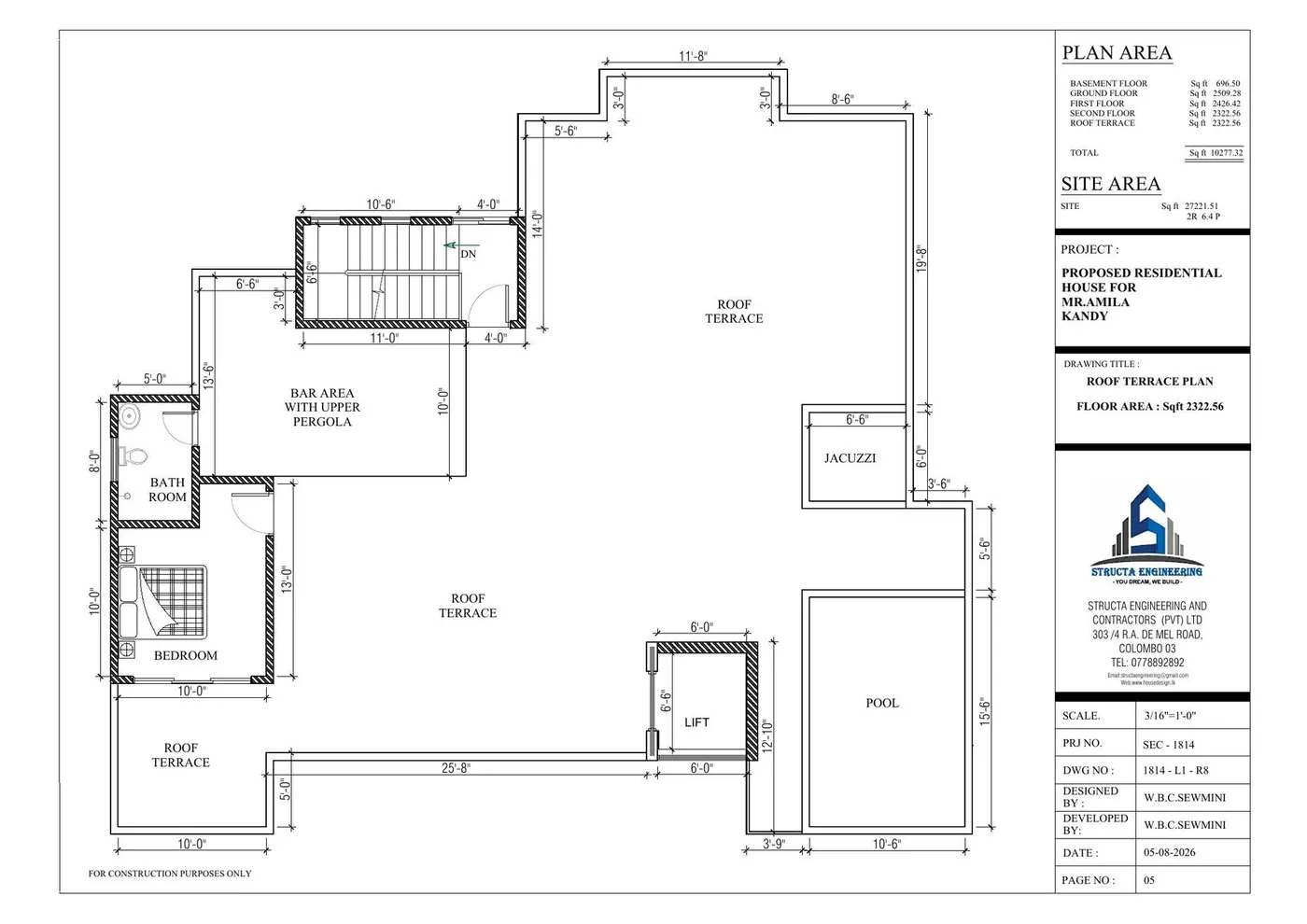 Roof terrace plan of a Kandy luxury house showing swimming pool, jacuzzi and pergola bar area