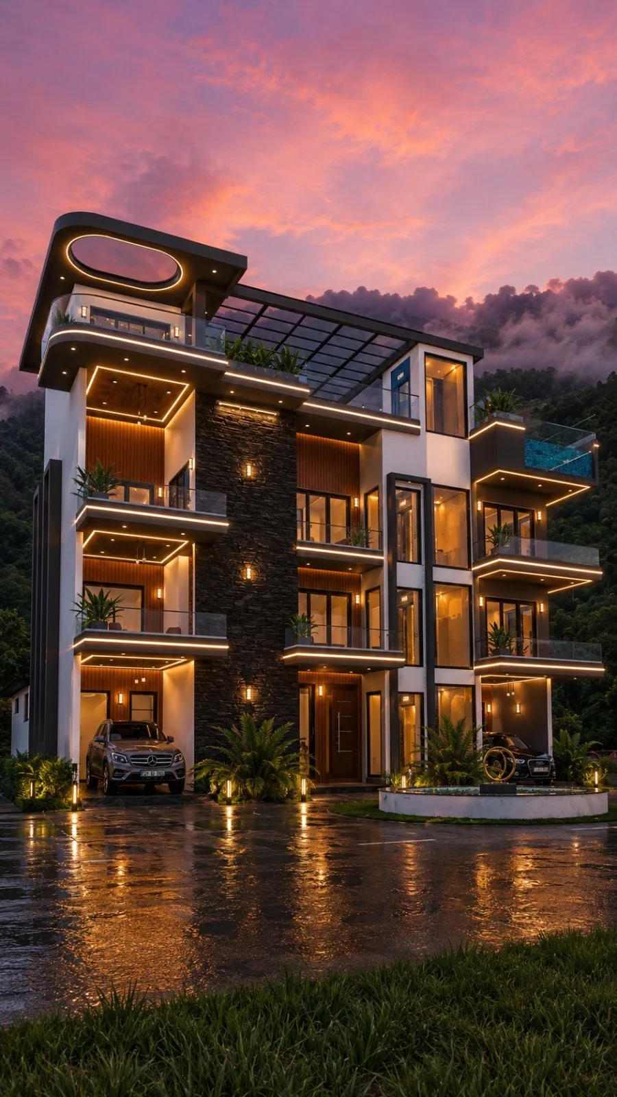 Front elevation of a super luxury modern house in Kandy at dusk with deep balconies and stone clad core