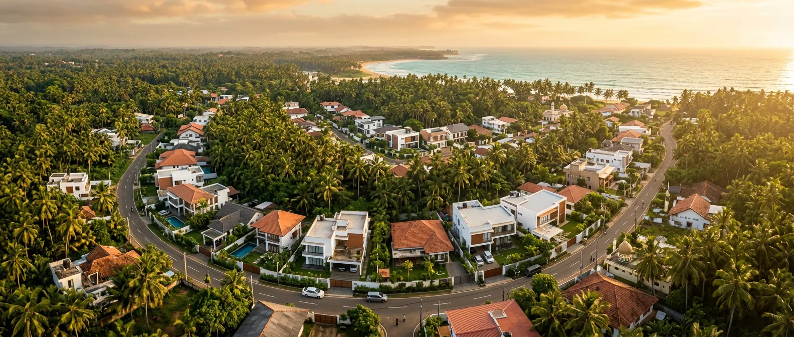 Aerial view of tropical homes in a Sri Lankan coastal neighbourhood