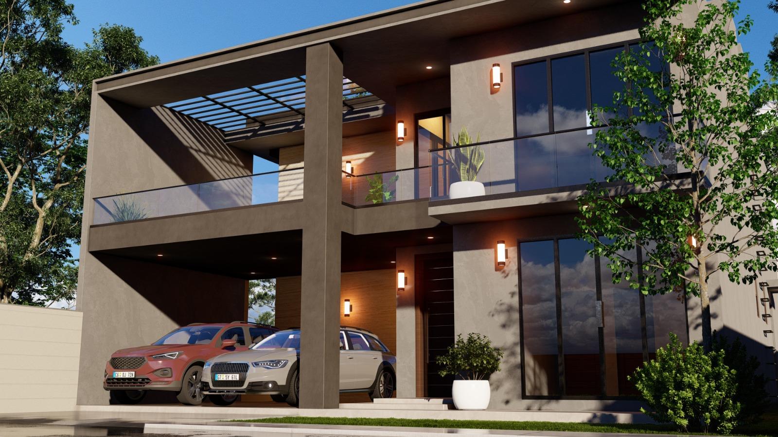 Angled Roof Modern Residence with Carport Design for Kelaniya exterior house design by Structa Engineering