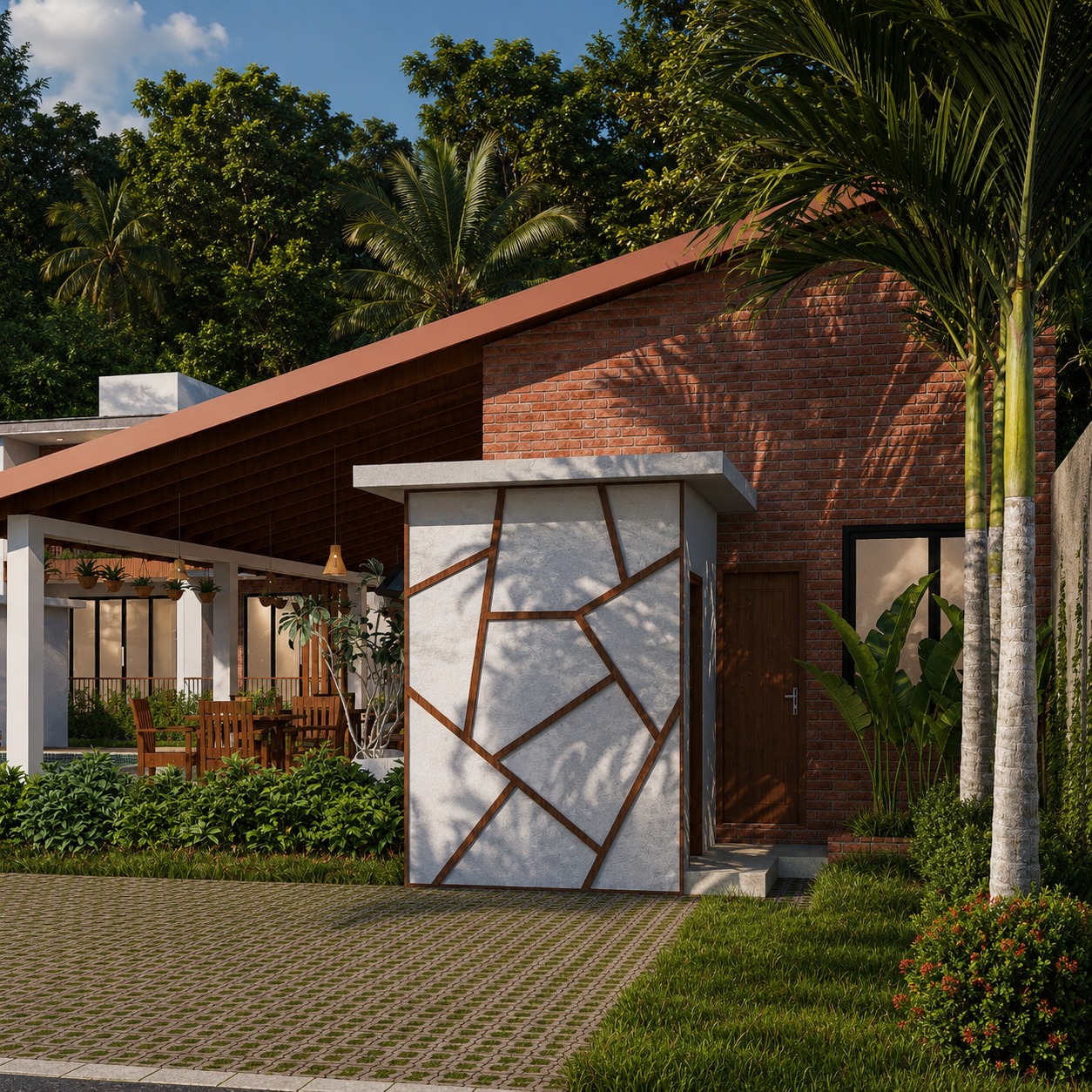 Brick and Timber Entrance Pavilion Design for Seeduwa exterior house design by Structa Engineering