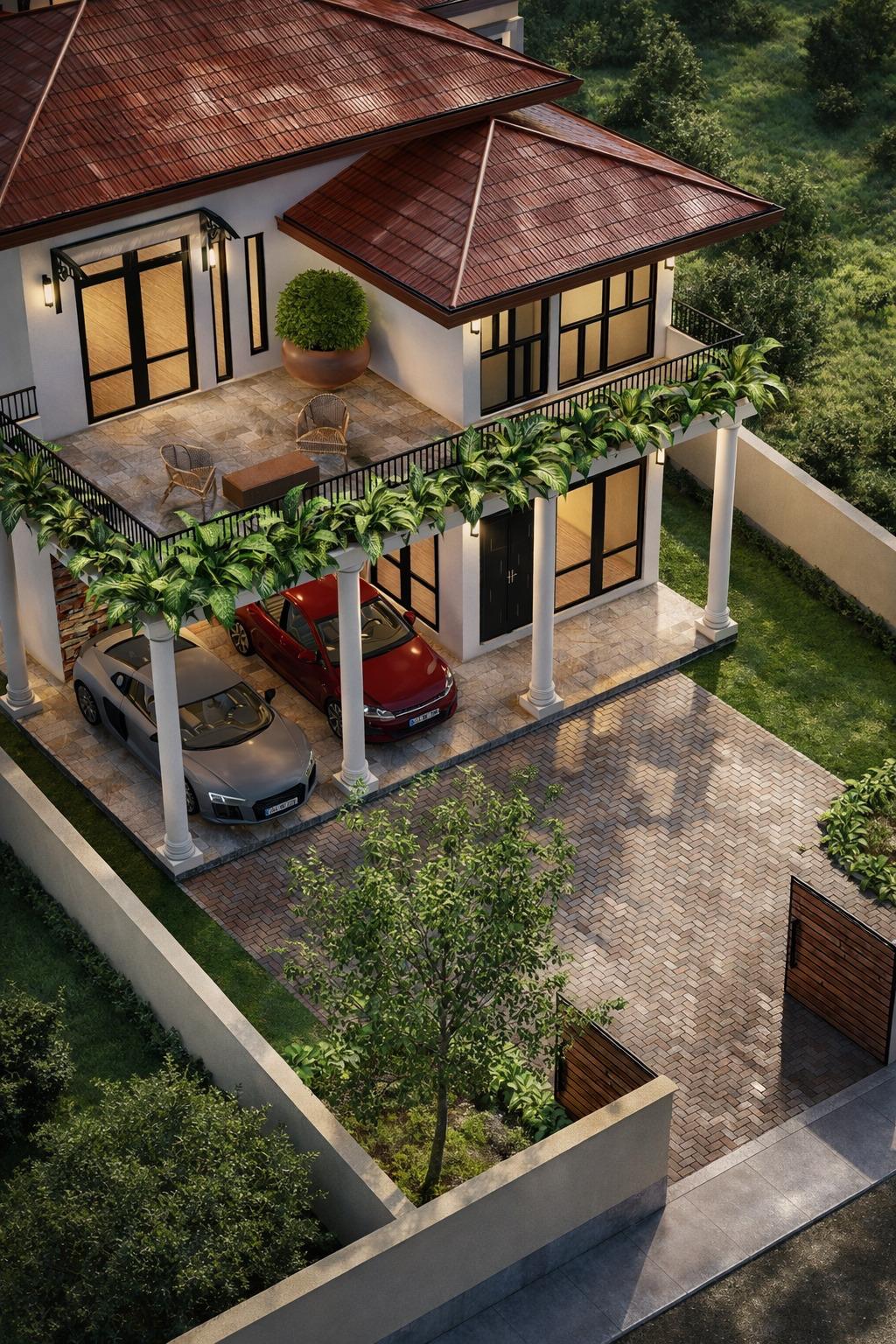 Compact Tropical Garden House Design for Matara — Arrival View exterior house design by Structa Engineering