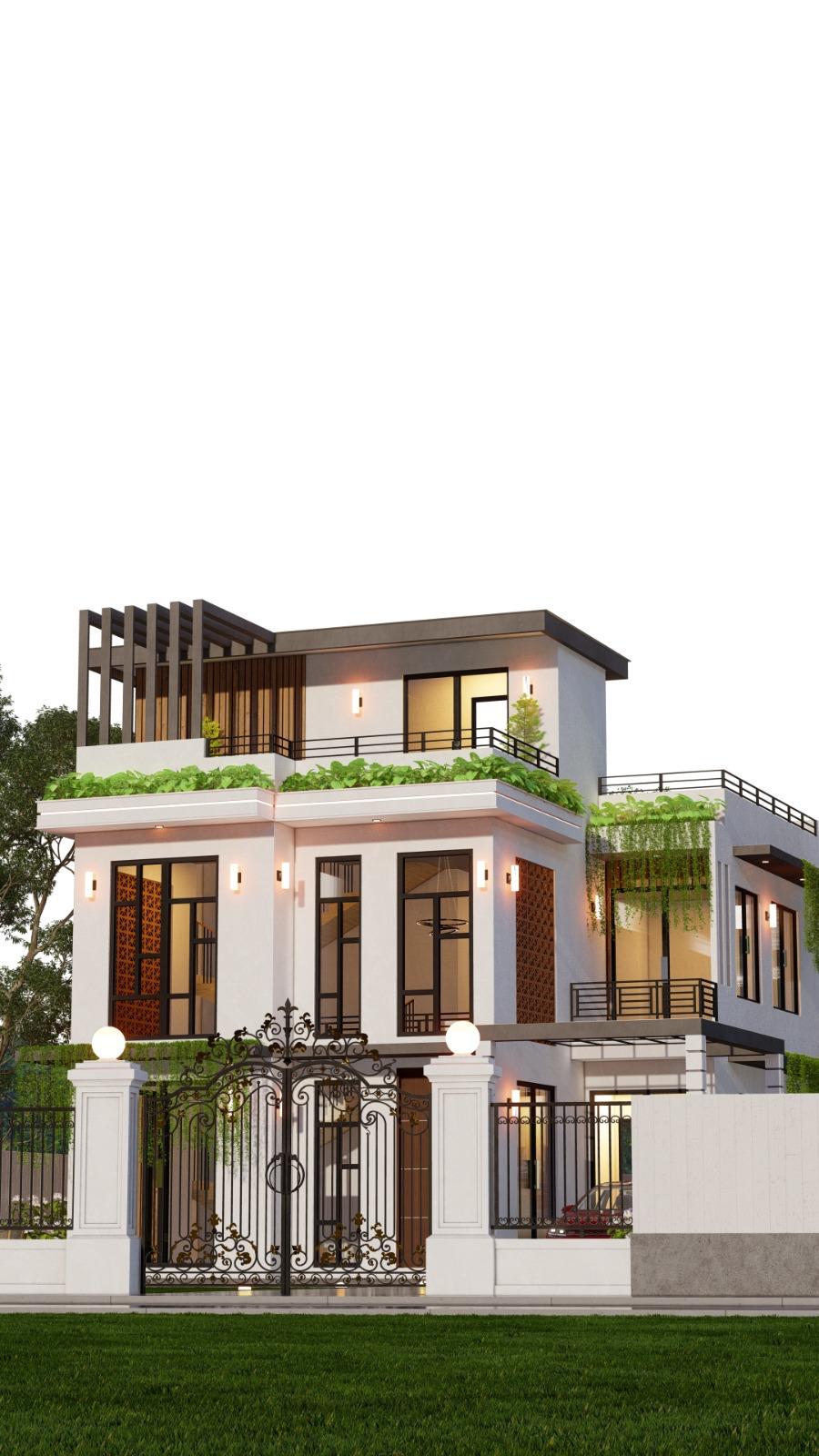 Contemporary Columned Corner Residence Design for Nittambuwa exterior house design by Structa Engineering
