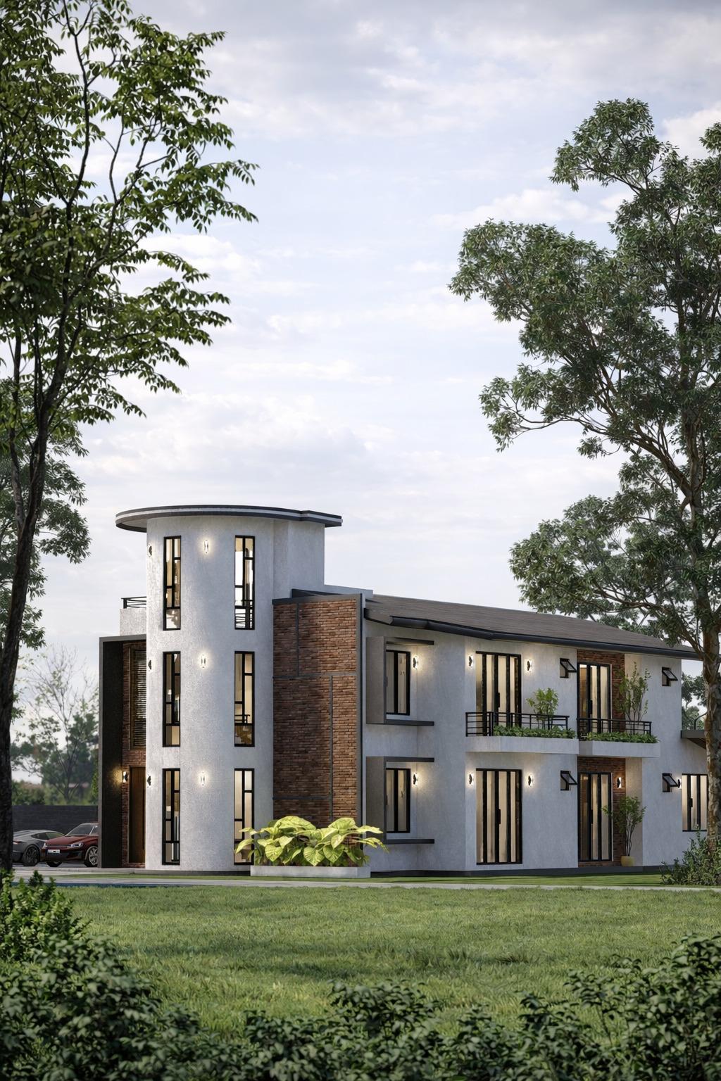 Courtyard Residence with Cylindrical Tower Design for Rajagiriya exterior house design by Structa Engineering